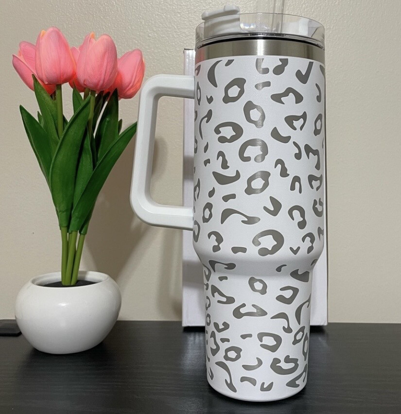 Leopard Print Double Stainless Steel Tumbler with handle lid straw 40 oz