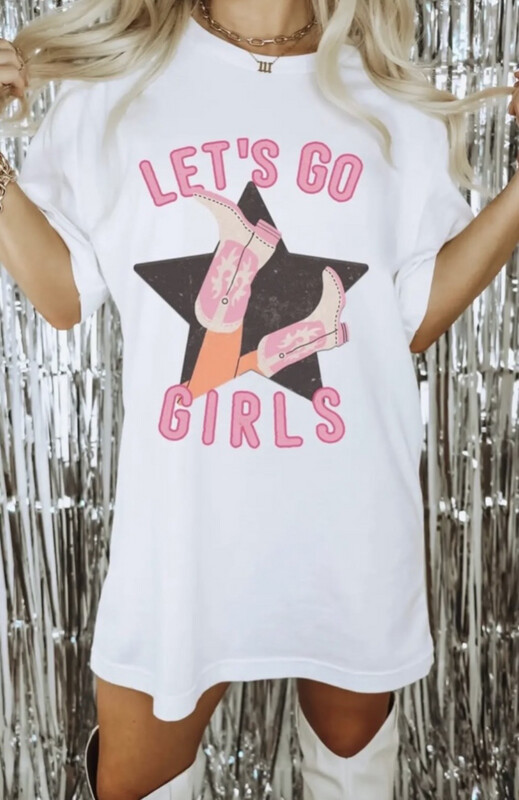 White Pink Shirt Let's Go Girls Boots and Star Graphic Tee