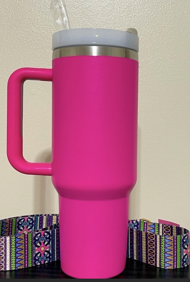 Hot Pink Double Wall Stainless Steel Tumbler with Handle Lid and Straw 40 oz