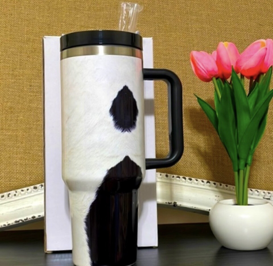 Black Cow Print Tumbler with Handle Lid and Straw 40 oz