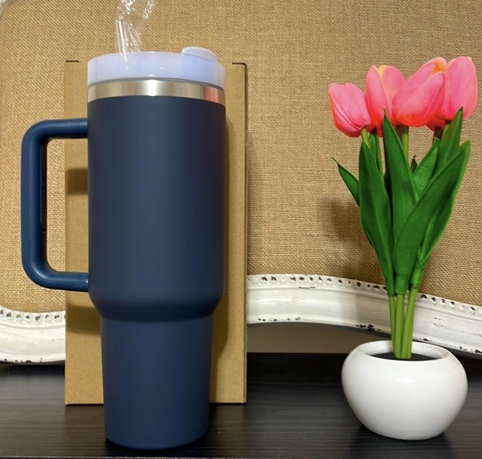 Blue Denim Double Wall Stainless Steel Tumbler with Handle Lid and Straw 40 oz