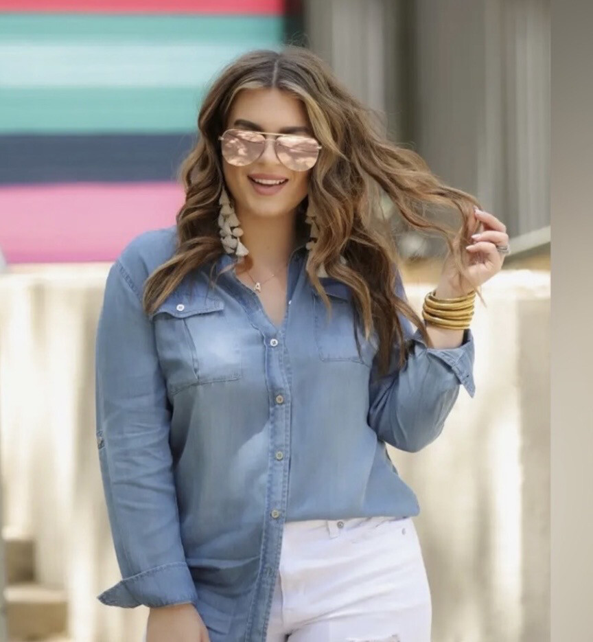 Ellie Chambray Plus Button Front Top Shirt Blouse Game Day