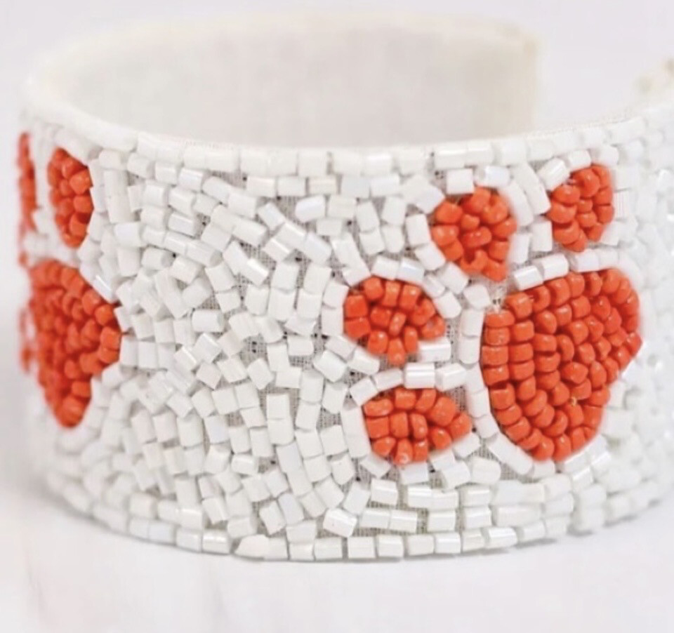 Orange Paw Print White Beaded Cuff Bracelet Game Day