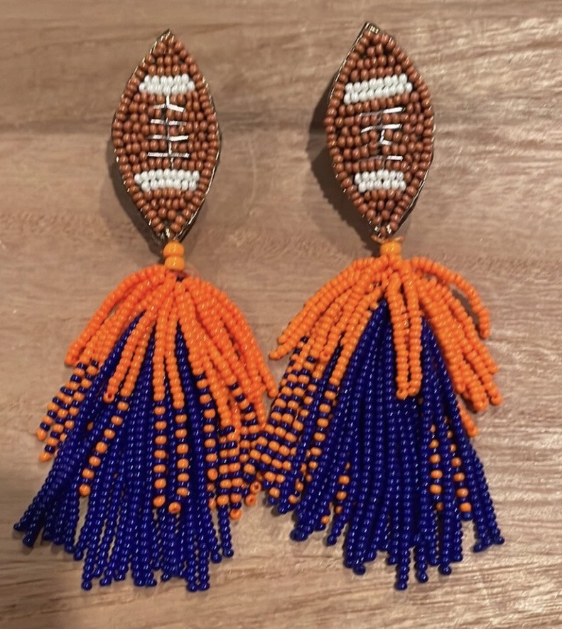 Orange Blue Beaded Football Fringe Game Day Earrings