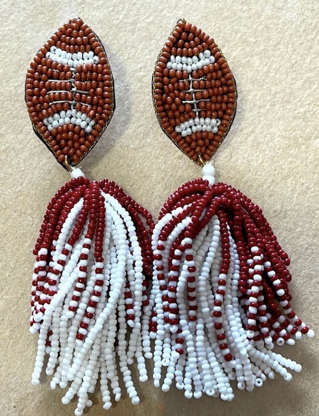 Maroon White Football Beaded Fringe Earrings Game Day MSU Aggies