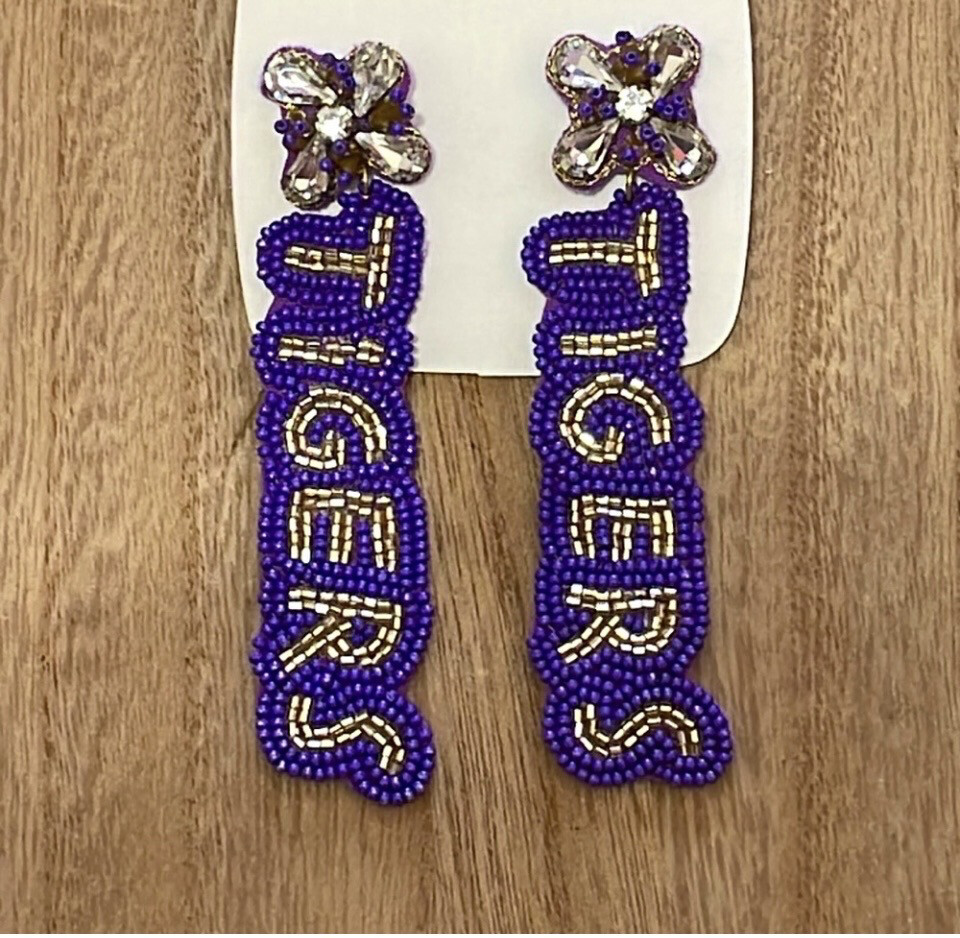 Purple Gold Crystal Beaded Tigers Earrings LSU Game Days