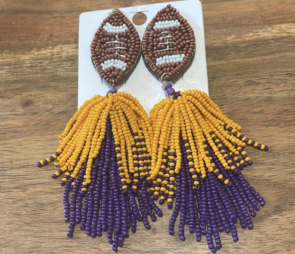 LSU Tigers Purple Gold Football Beaded Fringe Earrings Game Day