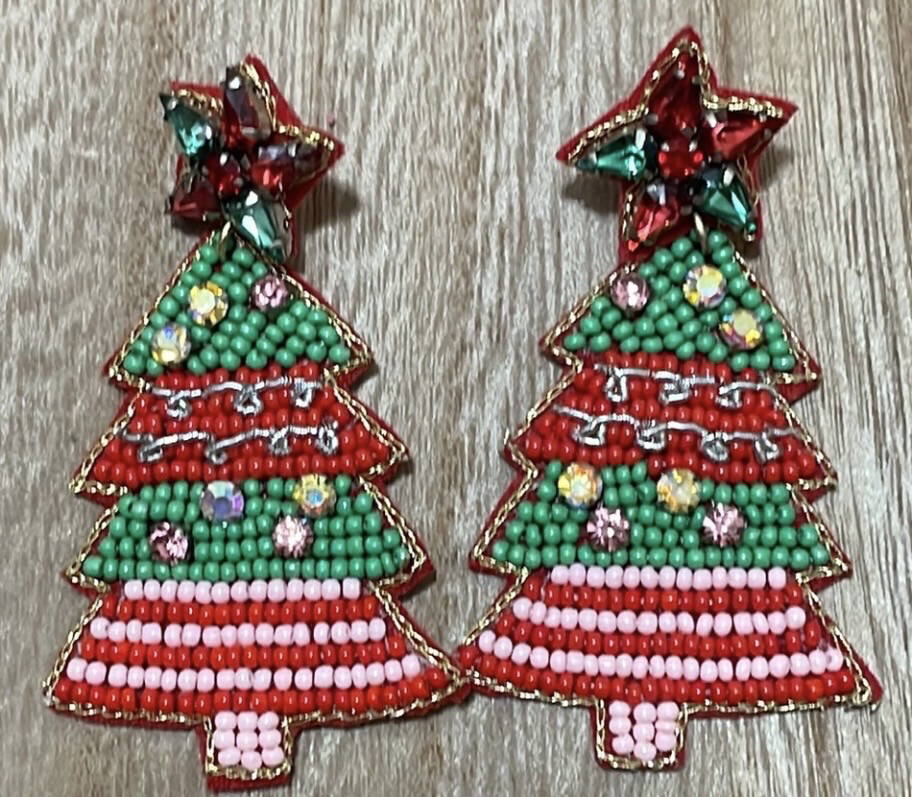 Multicolor Beaded Iridescent Crystal Christmas Tree Earrings