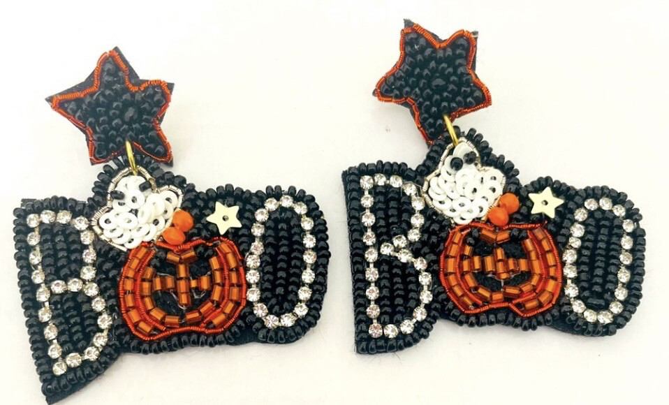 Halloween BOO Pumpkin Beaded Crystal Sequined Earrings