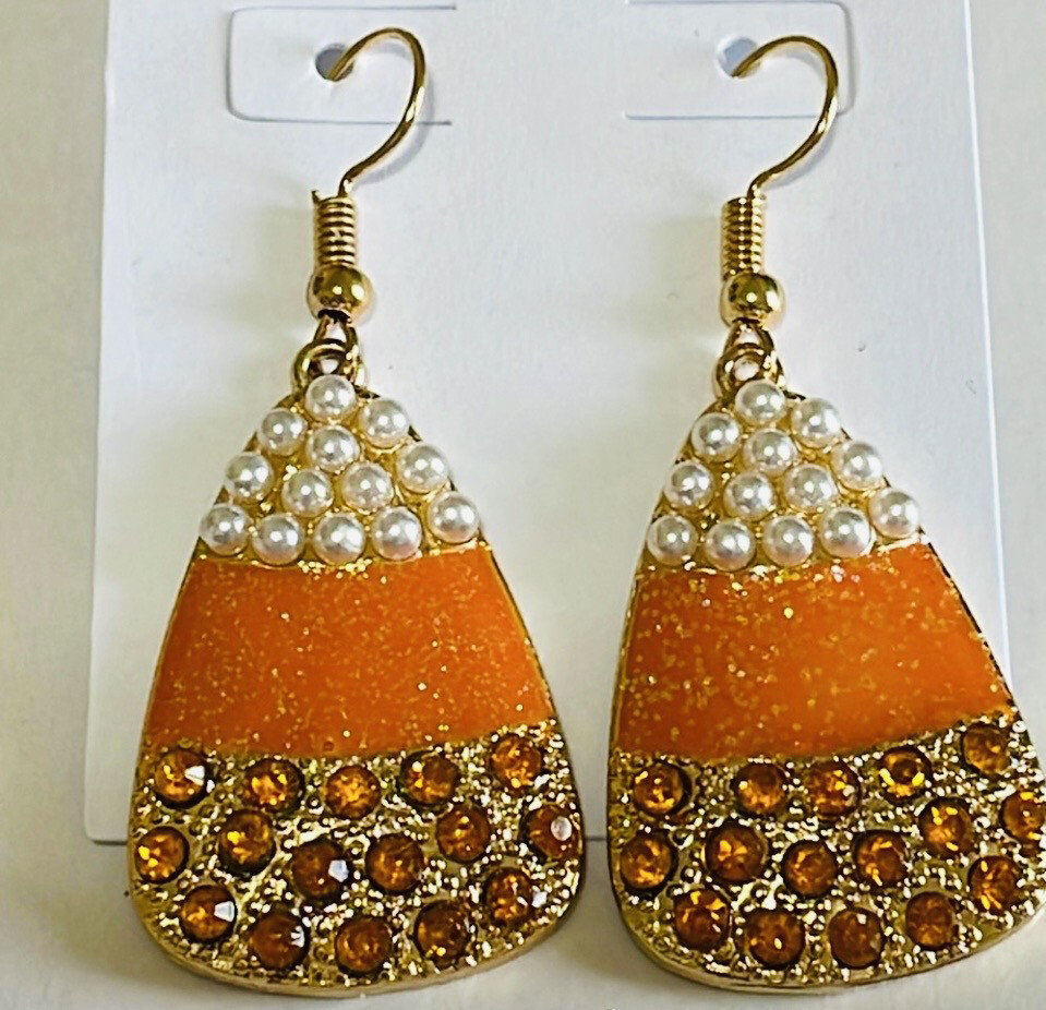 Halloween Pearl Crystal Candy Corn Earrrings