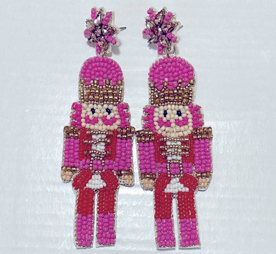 Pink Nutcracker Beaded Crystal Christmas Earrings