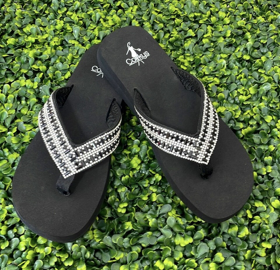Corkys Hibiscus Black Clear Flip Flops