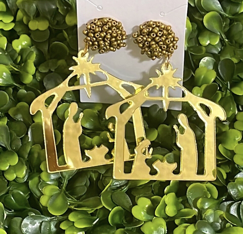 Libby Gold Acrylic Beaded Nativity Christmas Earrings
