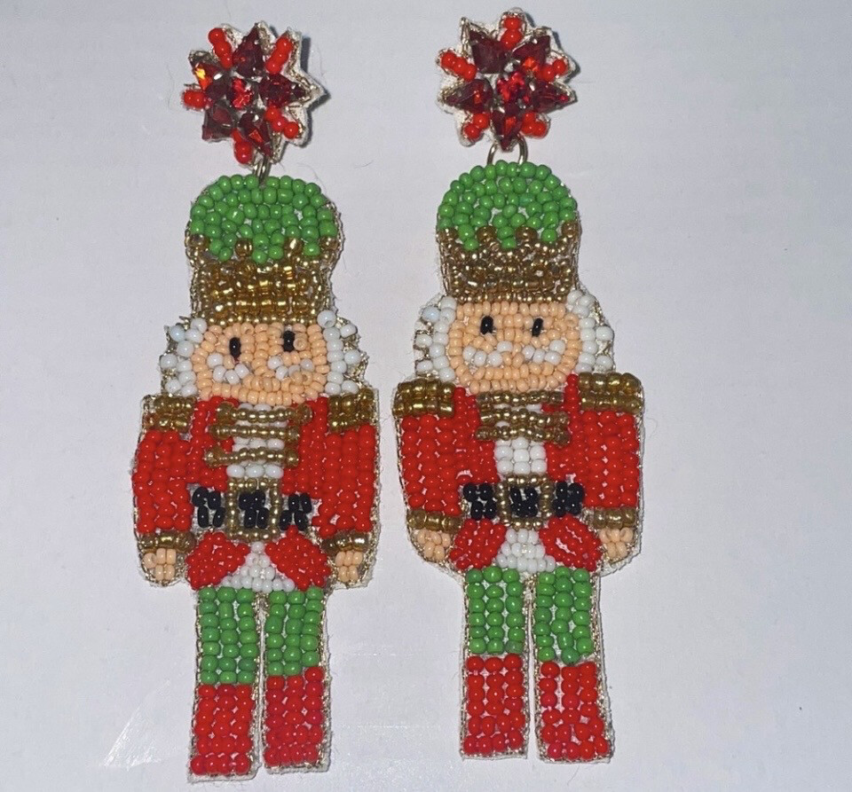 Red Green Nutcracker Christmas Beaded Crystal Earrings