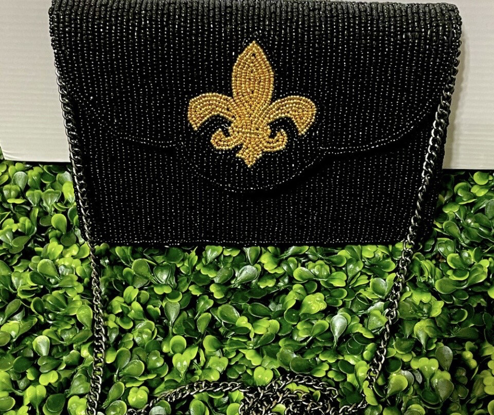 Belle Black and Gold Fleur De  Lis Clutch Crossbody Purse Game Days