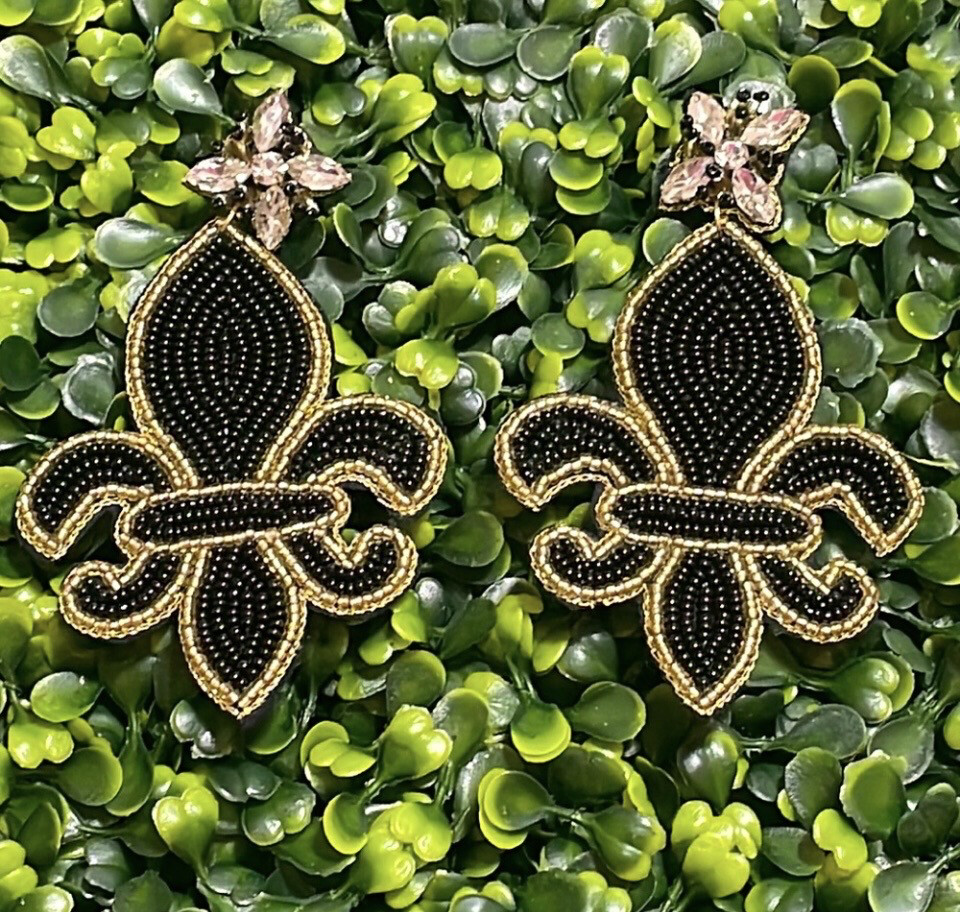Large Fleur De Lis Beaded Crystal Earrings New Orleans Game Days