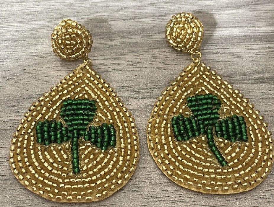 St Patty's Day Beaded Shamrock Teardrop Earrings Gold Green