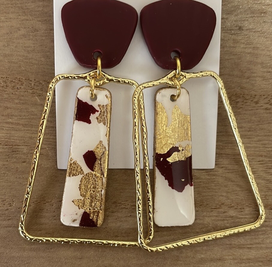 Mural Maroon White Gold Dangle Earrings Game Day