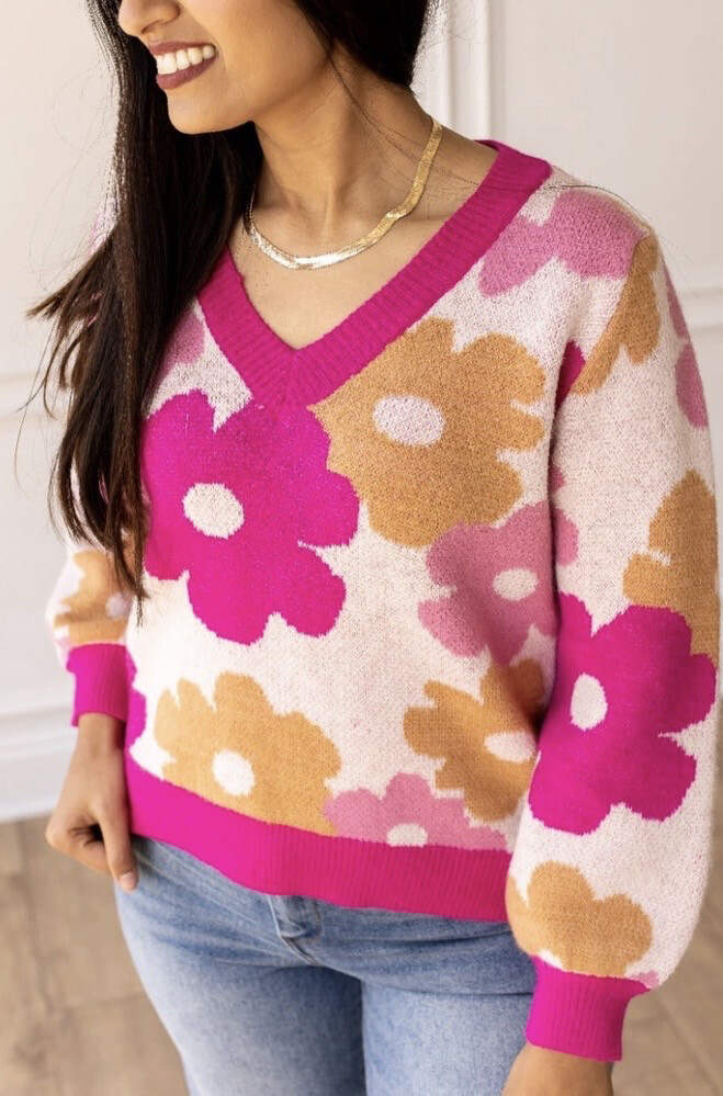 Pink Multicolor Floral Sweater Flowers