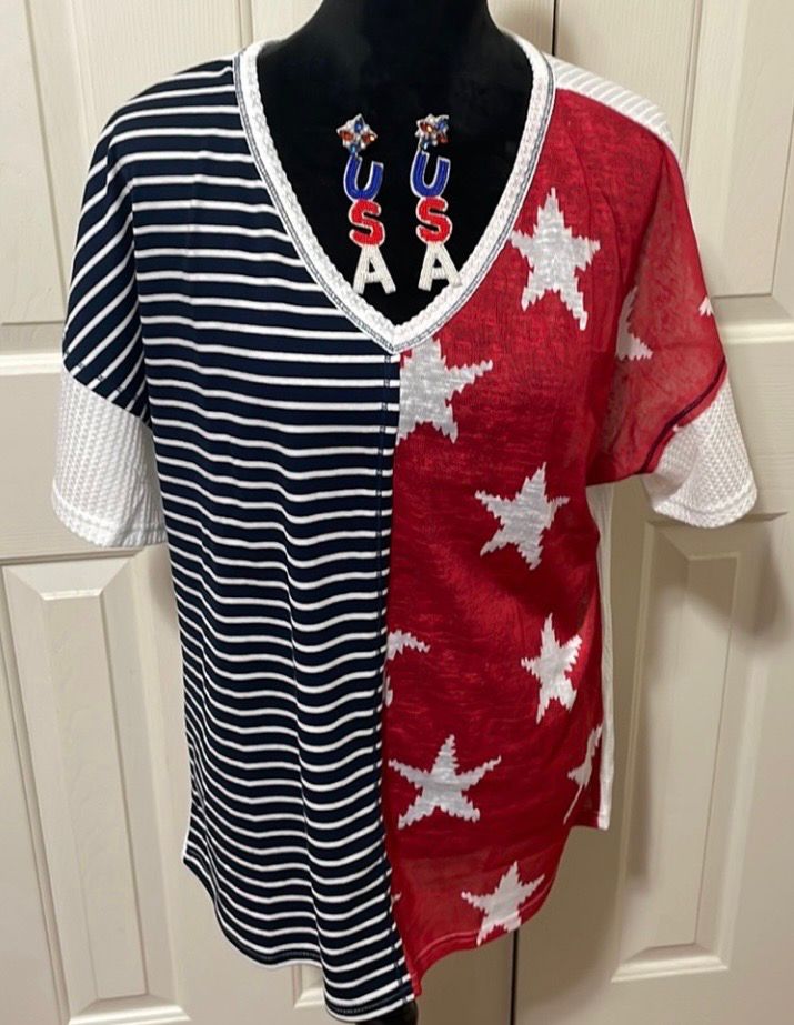Patriotic Red White Blue Stripes Stars Top