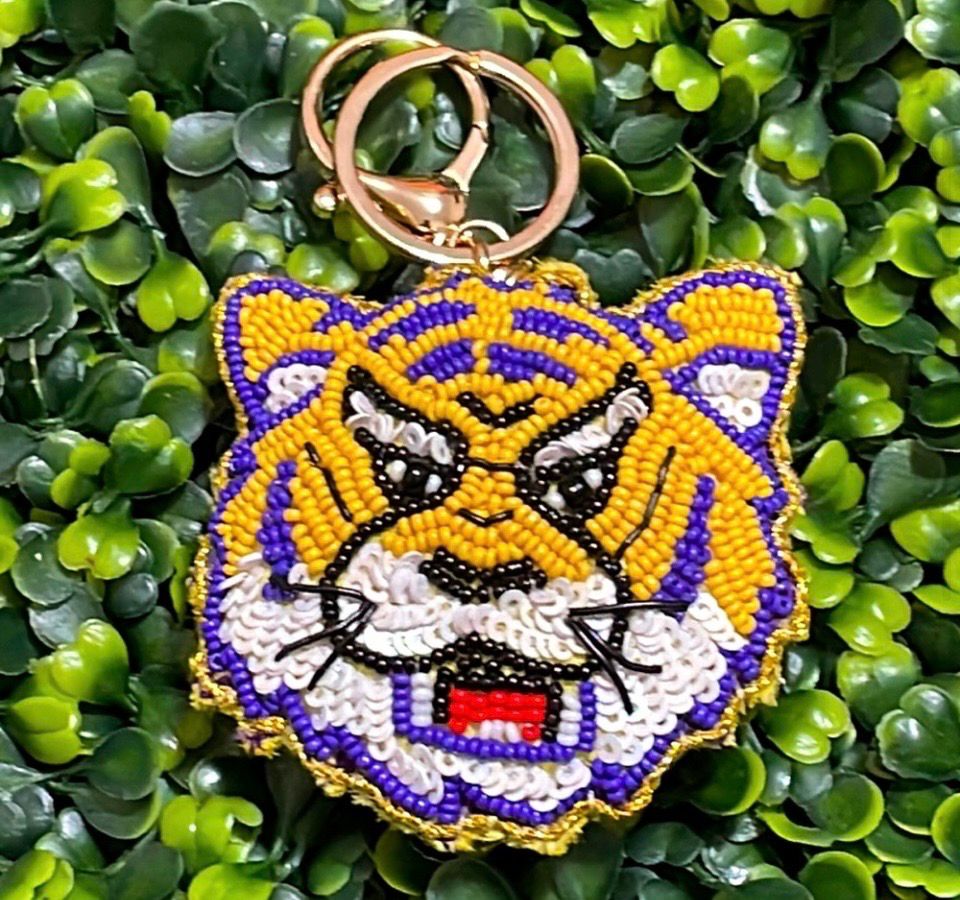 Purple Gold Tiger Beaded Keychain LSU Game Day