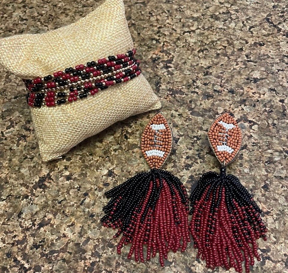 Multicolor Beaded Bracelet Stack and Football Earrings Gamecocks Game Days