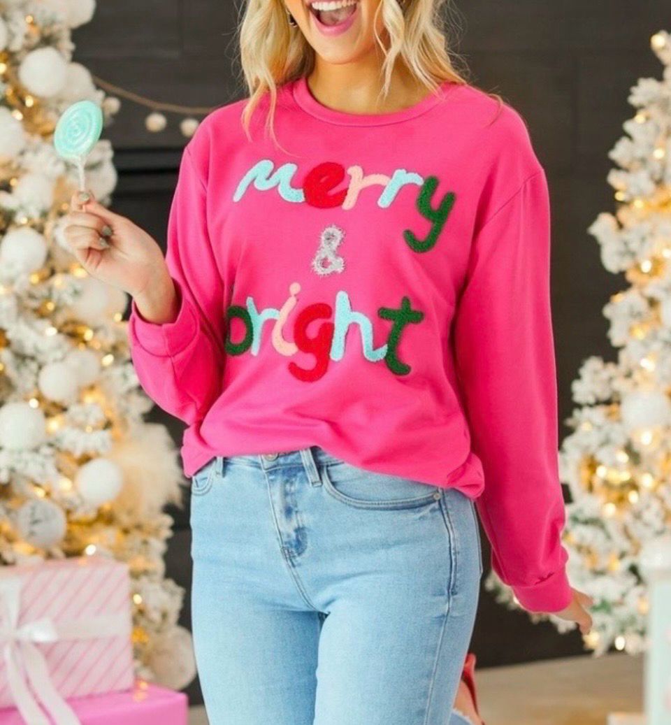 Addie Pink Multicolor Merry and Bright Christmas Top