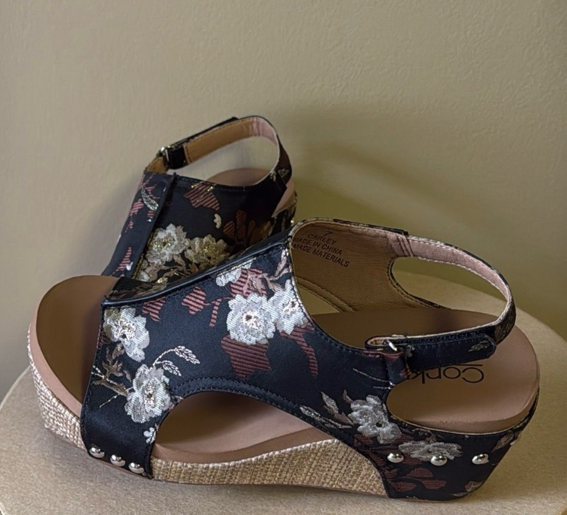 Corkys Carley Black Tan Floral Wedge Sandals