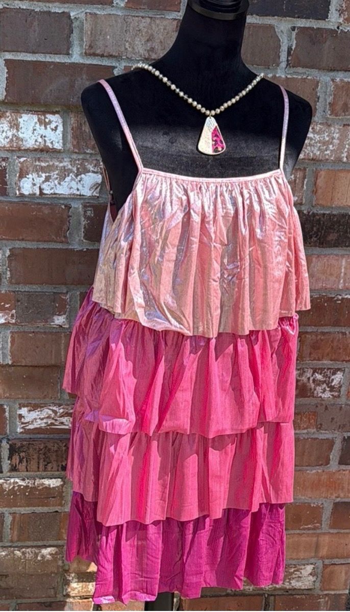 Hallie Pink Fuchsia Metallic Ruffle Layered Dress