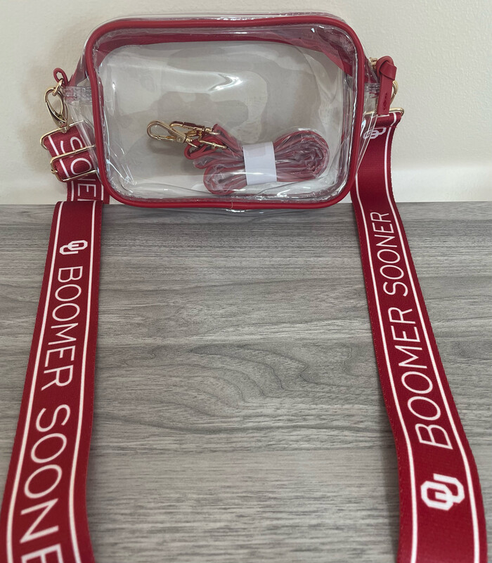 University of Oklahoma Boomer Sooner Clear Crossbody Purse Detachable Reversible Purse Strap Game Day