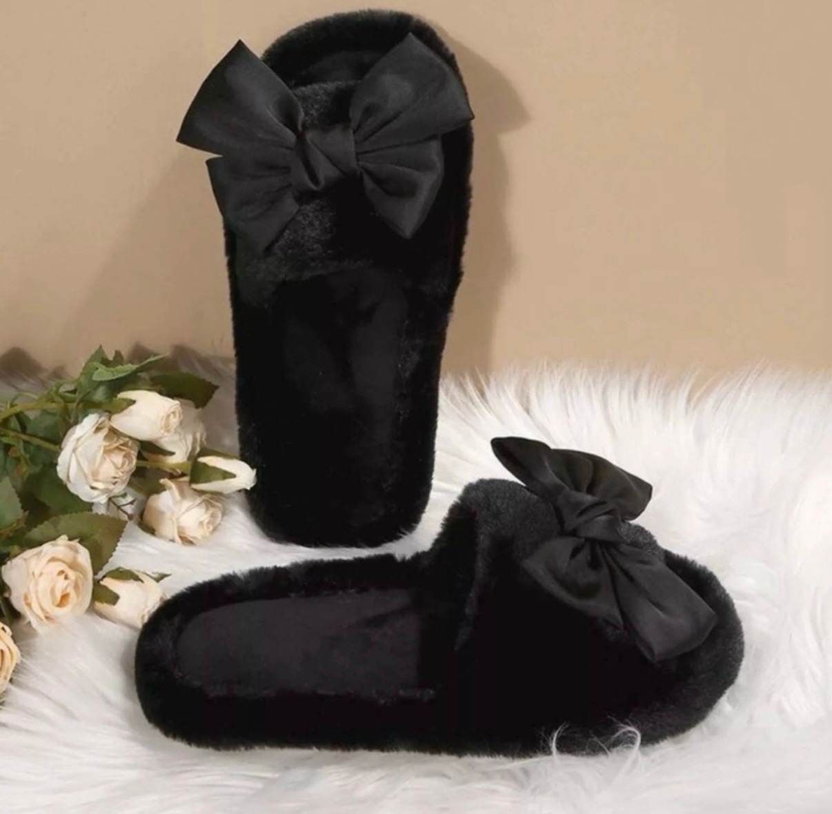 Women's Black Bow Slippers