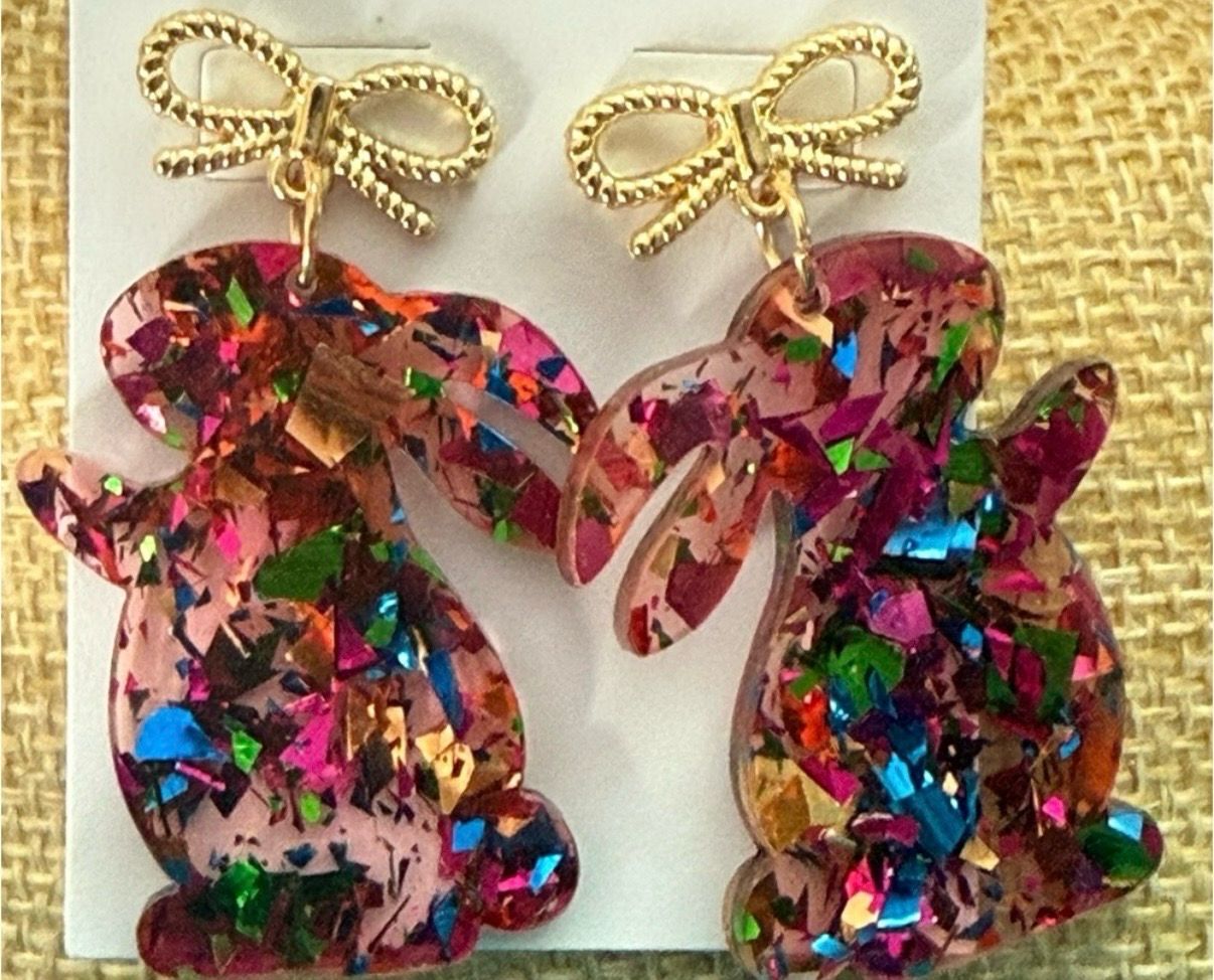 Colorful Confetti Bunny Dangle Earrings with Gold Bow NEW