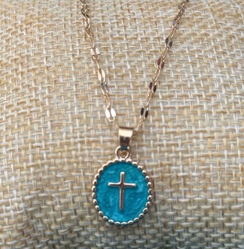 Gold Turquoise Cross Pendant Necklace