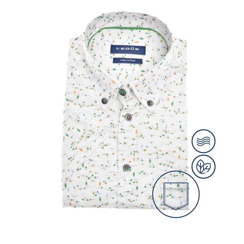 Ledub Shirts Print:Overhemd Wit met groen 915 Middengroen 0141664