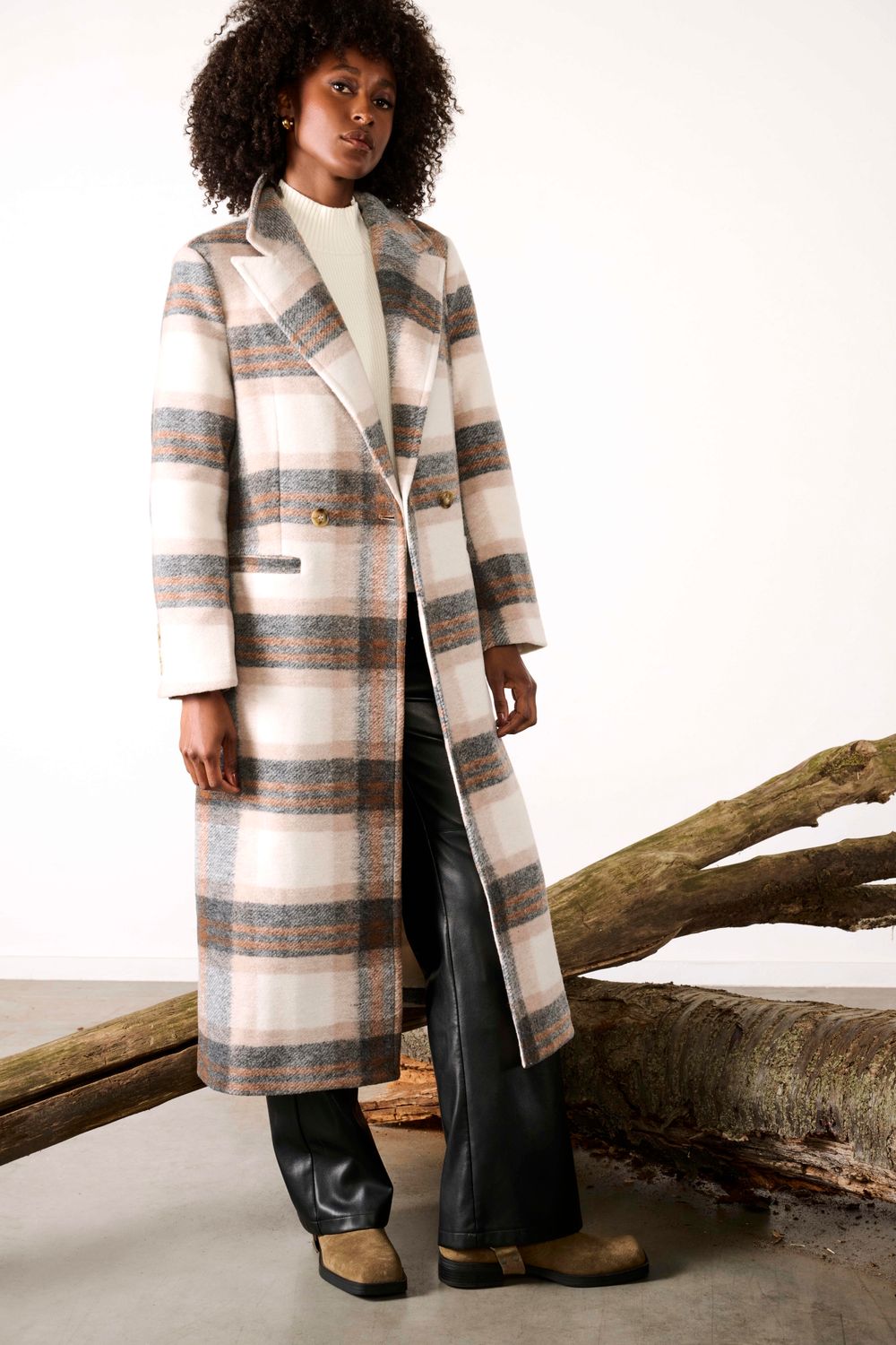 K-Design Tartan mantel met franjes Brown B908