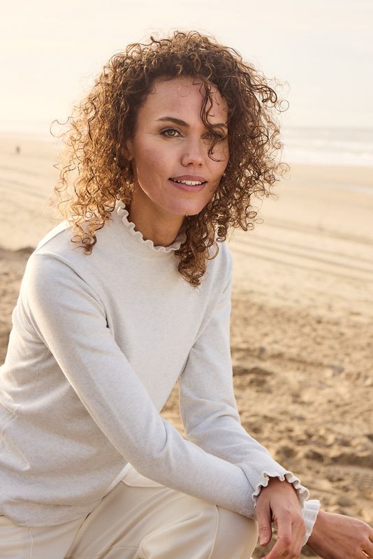 Bloomings Mock neck pullover w/ frills 78% cot Moon mel SLK14-8767