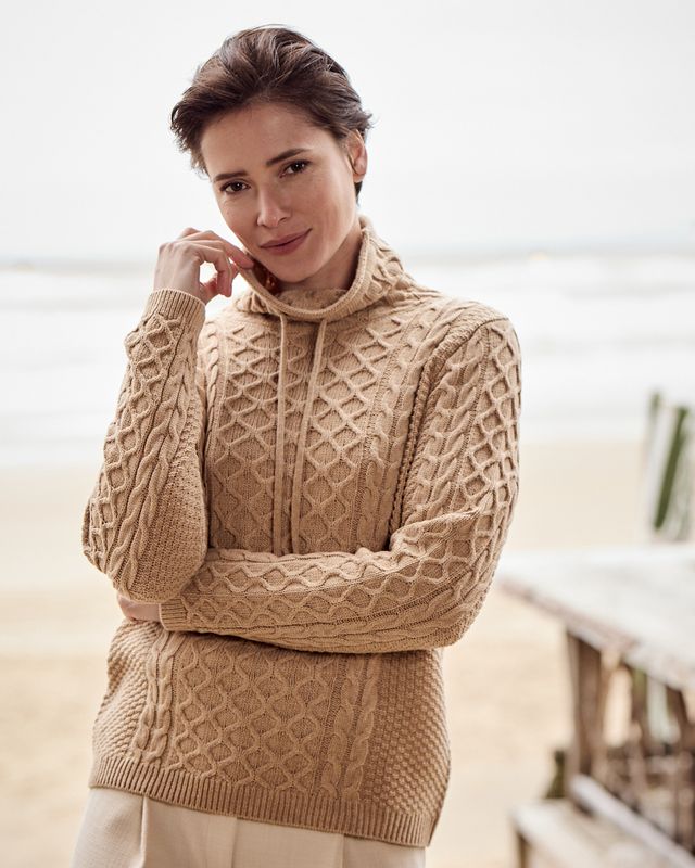 Bloomings Mock neck pullover cable knit 60% ac Camel mel SLK347-8820