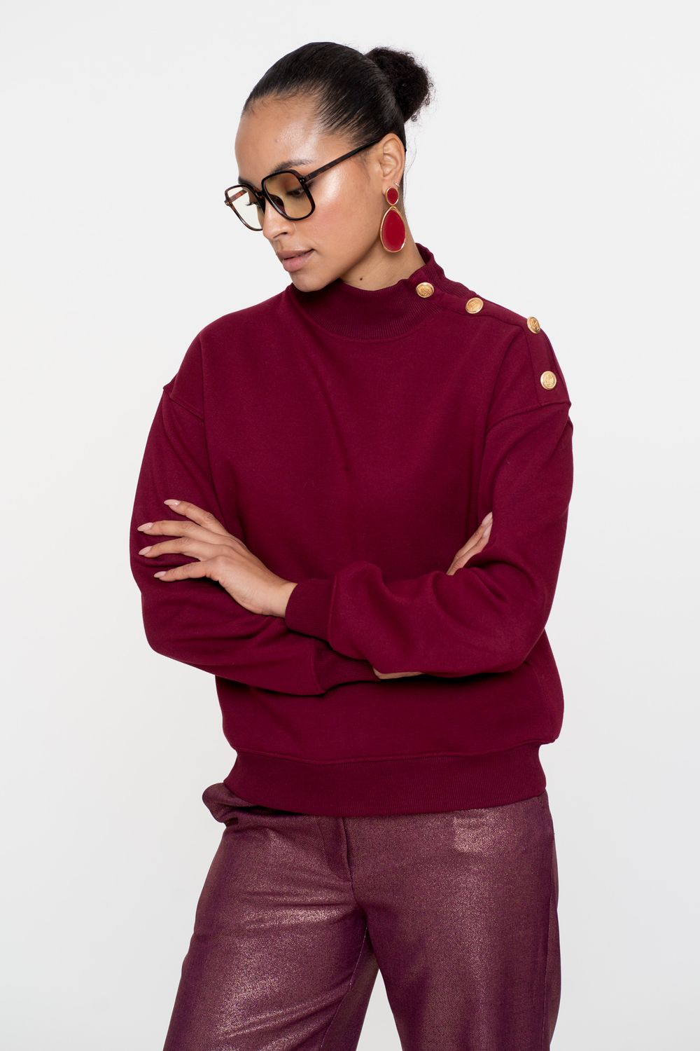 Geisha Sweater with buttons at shoulder burgundy 52600-41