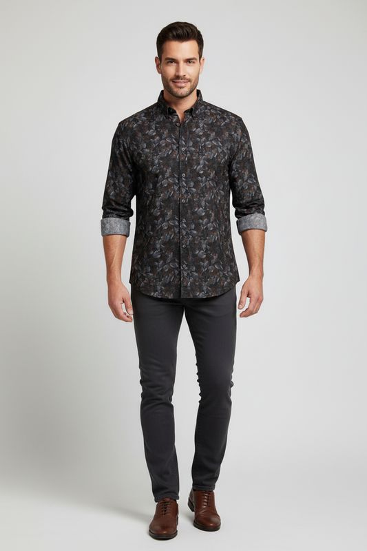 State of Art Shirt LS Print Fine donkerblauw:bruin 21425222