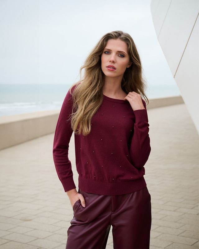 K-Design Pull met parels Burgundy B824