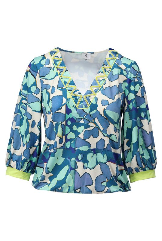 K-Design V-hals top met design blauw P120 C109