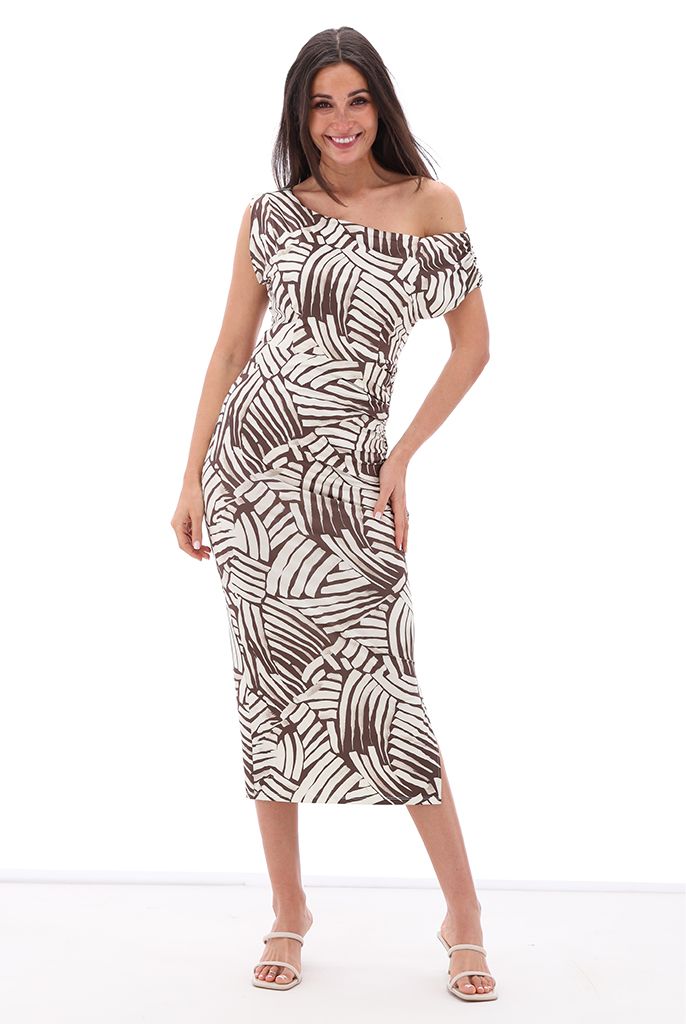K-Design Off shoulder jurk met design Bruin C205