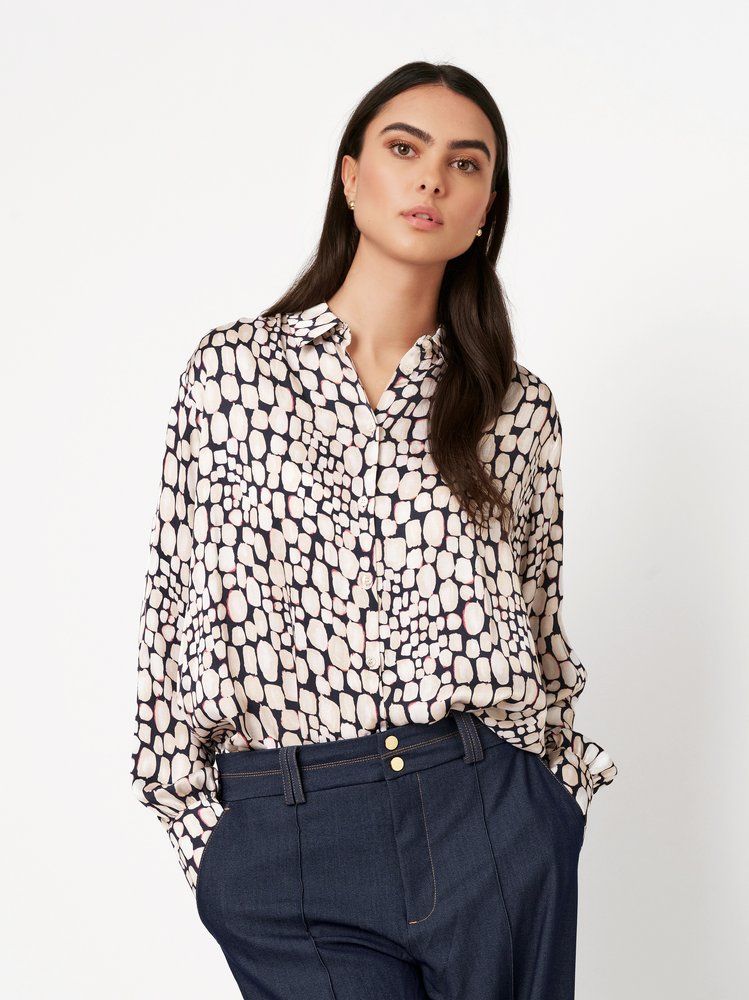 DESOTO Dames Blouse Abstract Stone Navy blauw grijs 100% viscose 73195-2-588 Summer