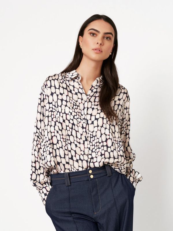 DESOTO Dames Blouse Abstract Stone Navy blauw grijs 100% viscose 73195-2-588 Summer