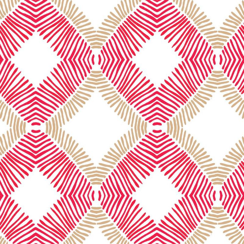 Detail van de jersey katoen stof en rood-beige geometrisch dessin DESOTO dames blouse