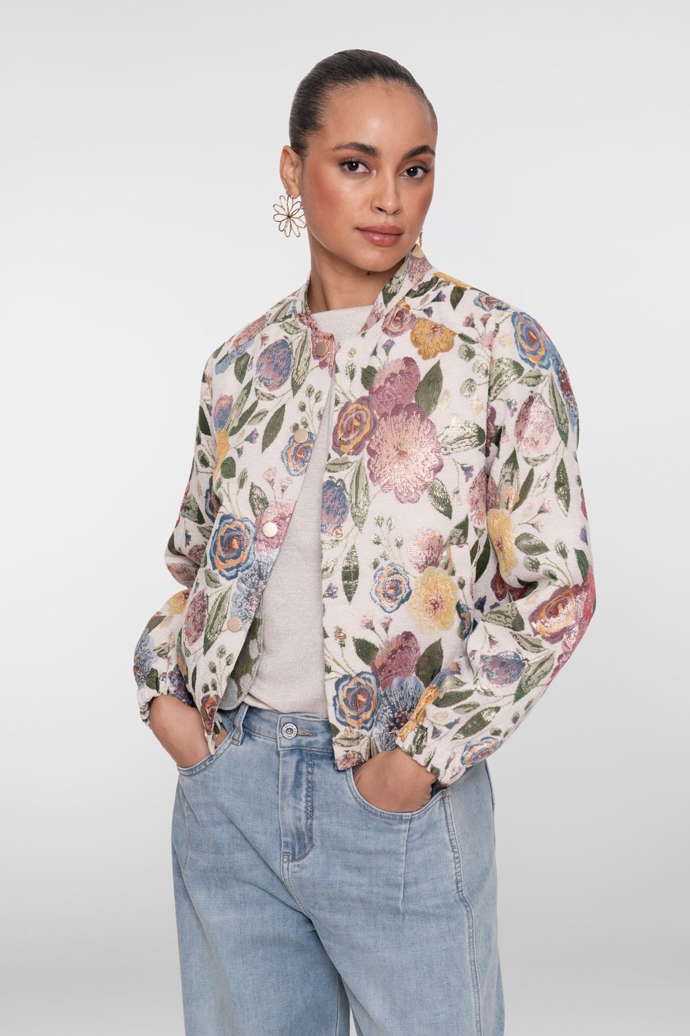 Geisha bomber jacket leaves sand groen dames jack botanische print 65090-26