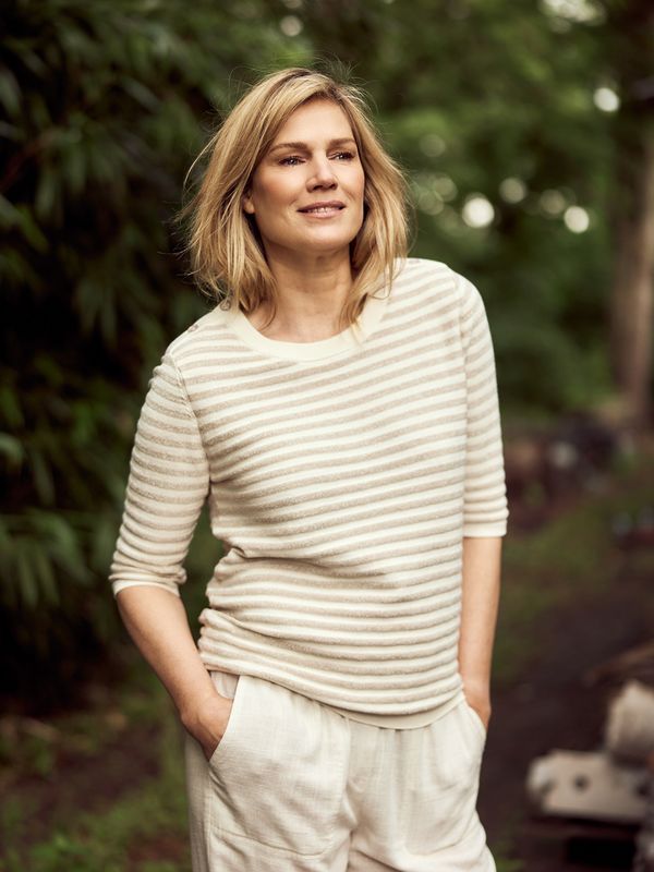 Bloomings Dames Pullover Korte Mouw Oxford Tan Melange Gestreept SLK20-8917