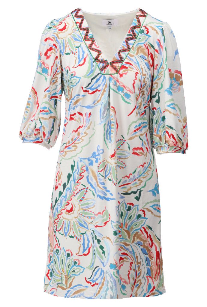 K-Design jurk ecru design print dames jurk C322-P091 vooraanzicht