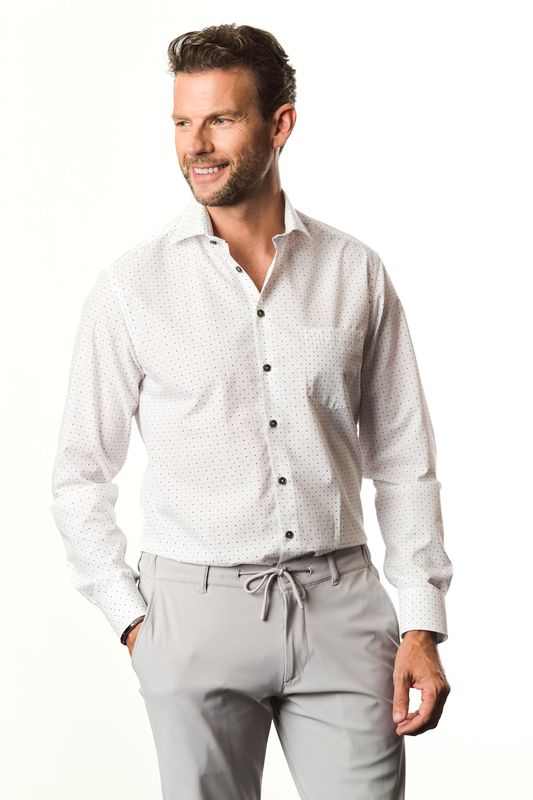 Ledûb Overhemd Wit Groen Print Comfort Blend 0143290-915 Voorjaarscollectie