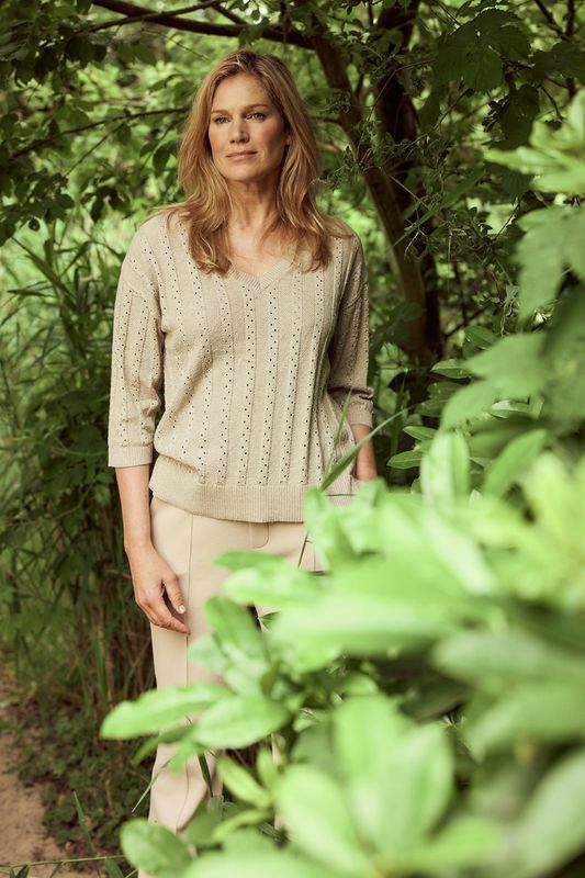 Bloomings V neck pullover 3/4 slv lurex Oxford Tan mel SLK20-8913